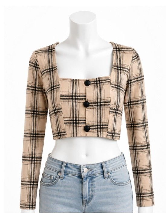 Plaid Cropped Long Sleeve Top